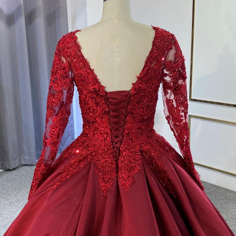 Soft Red Satin V-neck Sequins Appliqued A-line Illusion Bridal Gown