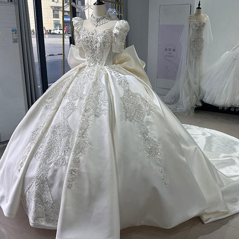 Elegant Bow Satin Puff Sleeve Ball Gown Wedding Dresses