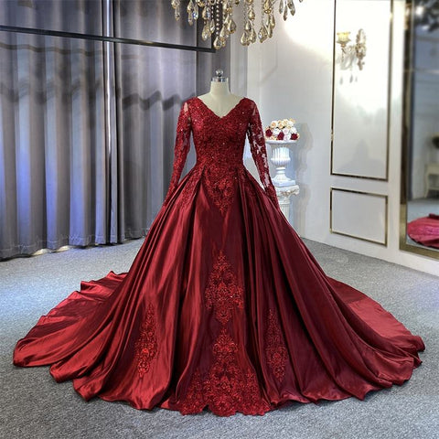 Soft Red Satin V-neck Sequins Appliqued A-line Illusion Bridal Gown