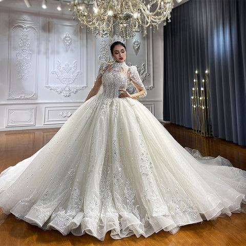 Luxury High Neck Beautiful Lace Bridal Wedding Ball Gown Dress