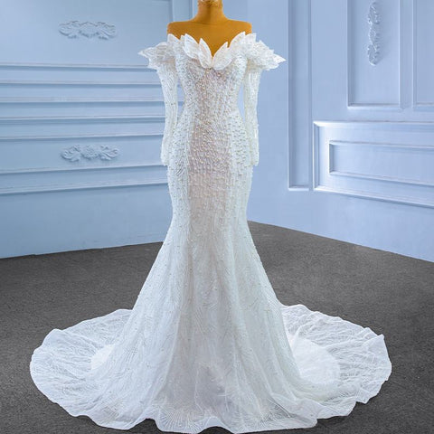 Contemporary Off Shoulder Pearl Studded Mermaid Bridal Gown