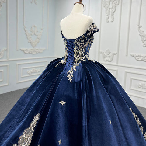 Velvet Royal Style Blue Prom Off Shoulder Bridal Gown