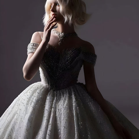 Vintage Pearls Off Shoulder Bridal Wedding Ball Gown