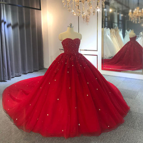 Dazzling Red Sweetheart Neck Diamond Sequin Studded Evening Bridal Gown