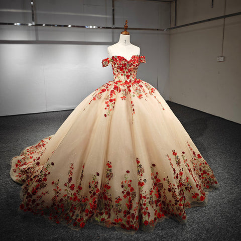 Vintage Style Red Flowers Evening Bridal Gown