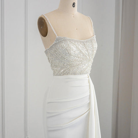 Simple White Asymmetrical Sequins Beading Spaghetti Strap Evening Party Dress