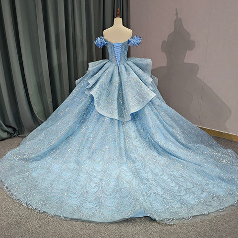 Fairy Blue Princess Beaded Evening Bridal Gown