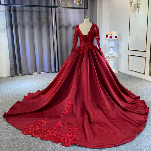 Soft Red Satin V-neck Sequins Appliqued A-line Illusion Bridal Gown