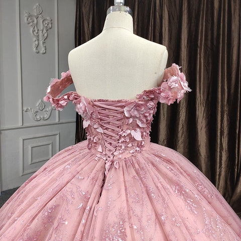 Pink Floral Design Elegant Off Shoulder Bridal Gown