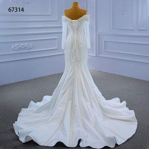 White Elegant Crystal Beads Sequins Luxury Bridal Gown Wedding Dress