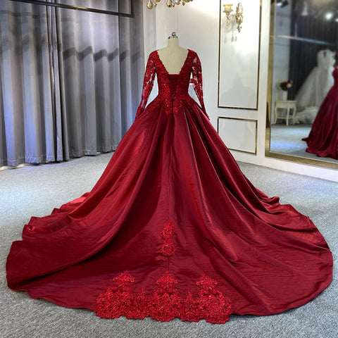 Soft Red Satin V-neck Sequins Appliqued A-line Illusion Bridal Gown