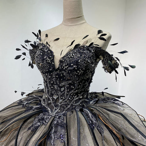 Royal Contemporary Black Bridal Gown with leaf and petal detail