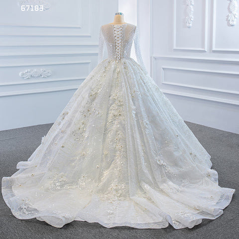 Stunning long sleeve traditional high neck long trail wedding dress