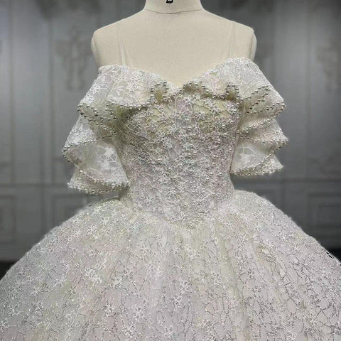 Puffy Lace Fabric Ruffle Ball Gown Wedding Dress