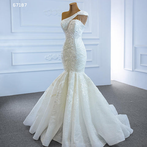 Stunning One Shoulder Crystal Lace Wedding Dress