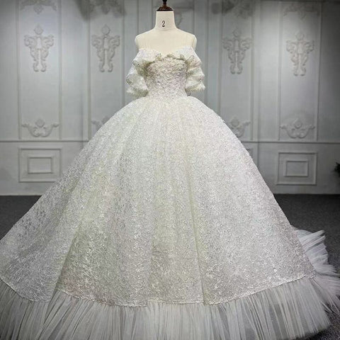 Puffy Lace Fabric Ruffle Ball Gown Wedding Dress