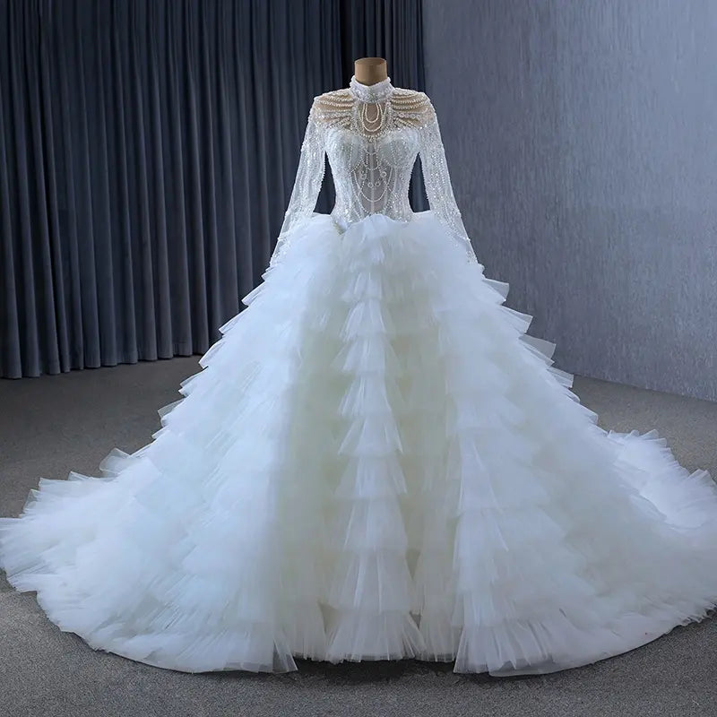 Luxury Ruffle Sequins High Neck Beaded Wedding Ball Gown