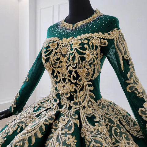 Royal Vintage Style green long sleeve sequin beaded o neck luxury Bridal Gown