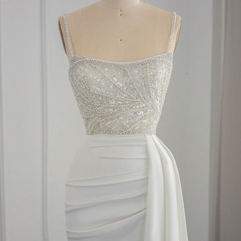 Simple White Asymmetrical Sequins Beading Spaghetti Strap Evening Party Dress