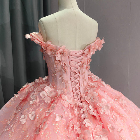 Princess Lace Pink 3D Flowers Bridal Gown