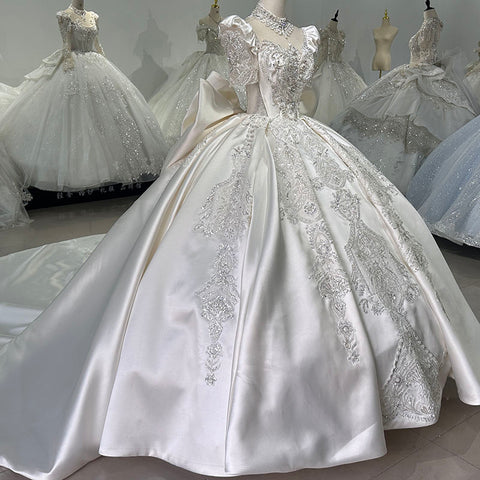 Elegant Bow Satin Puff Sleeve Ball Gown Wedding Dresses