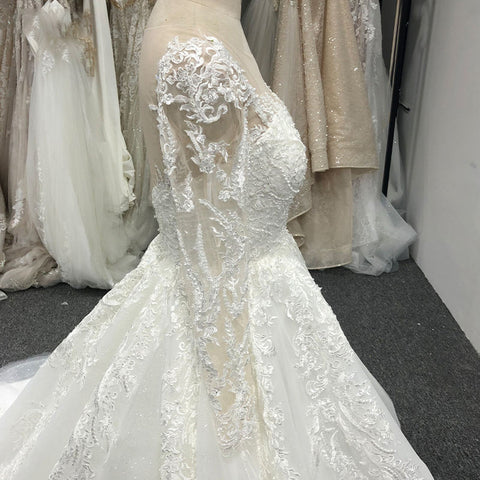 Elegant Cute O-neck Long Sleeve Lace Up Backless Wedding Dress