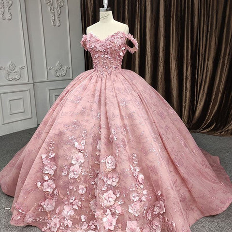 Pink Floral Design Elegant Off Shoulder Bridal Gown