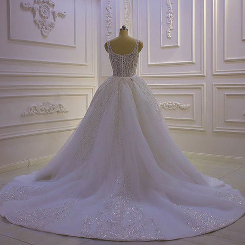 Elegant Beaded Lace Wedding Dress With Detachable Train