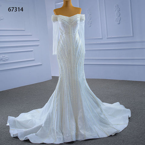 White Elegant Crystal Beads Sequins Luxury Bridal Gown Wedding Dress