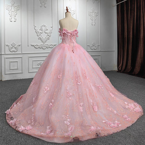 Princess Pink Sweetheart Bridal Gown with 3D Flowers and Pearl Detail