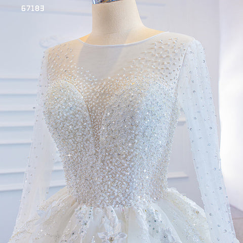 Stunning long sleeve traditional high neck long trail wedding dress