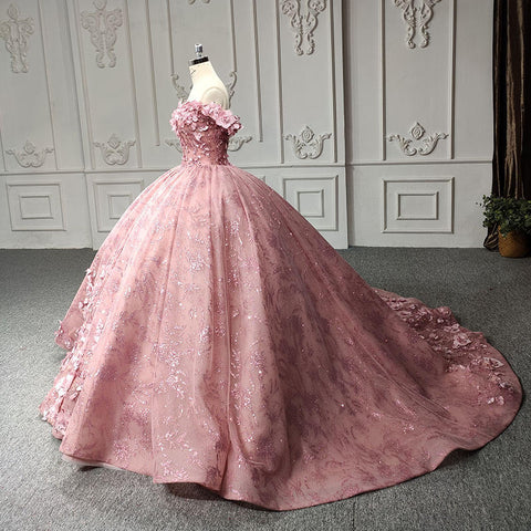 Pink Floral Design Elegant Off Shoulder Bridal Gown