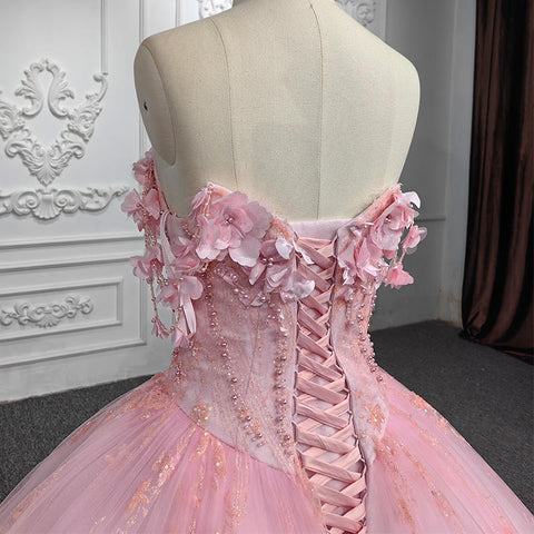 Princess Pink Sweetheart Bridal Gown with 3D Flowers and Pearl Detail