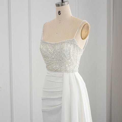 Simple White Asymmetrical Sequins Beading Spaghetti Strap Evening Party Dress