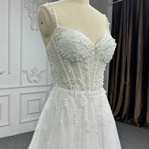 Boho Spaghetti Strap Corset Style Pearl Detail Wedding Gown