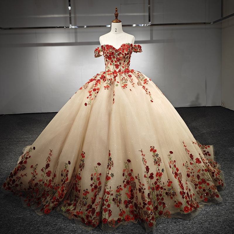 Vintage Style Red Flowers Evening Bridal Gown