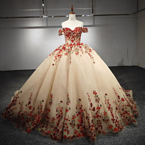 Vintage Style Red Flowers Evening Bridal Gown