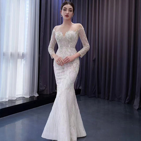 Elegant Lace Sequins Long Mermaid Wedding Dresses With Detachable Train