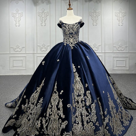 Velvet Royal Style Blue Prom Off Shoulder Bridal Gown