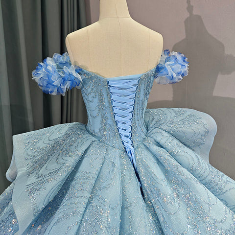 Fairy Blue Princess Beaded Evening Bridal Gown