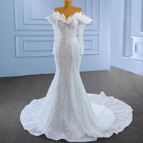 Contemporary Off Shoulder Pearl Studded Mermaid Bridal Gown