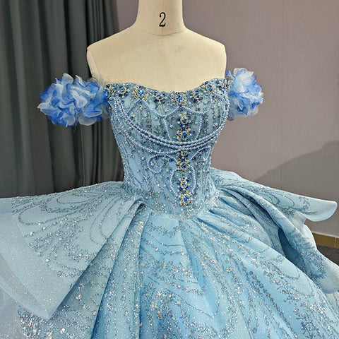 Fairy Blue Princess Beaded Evening Bridal Gown