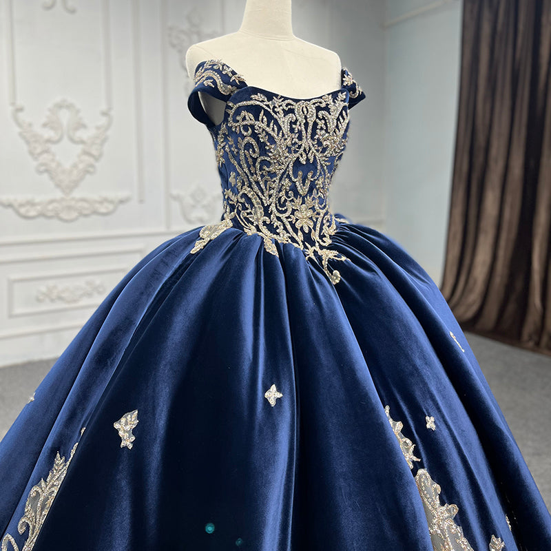 Velvet Royal Style Blue Prom Off Shoulder Bridal Gown