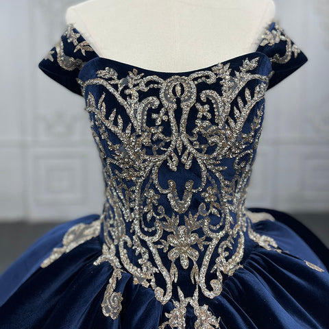 Velvet Royal Style Blue Prom Off Shoulder Bridal Gown