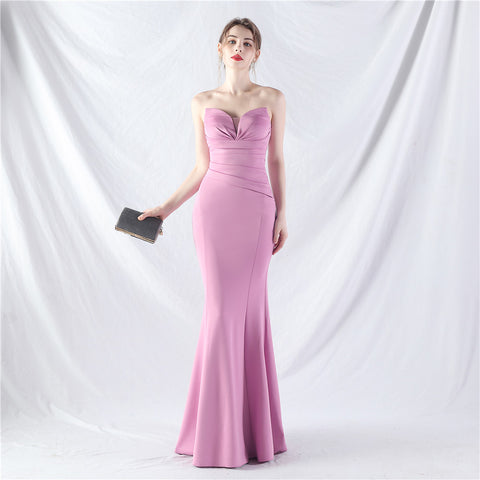 Craft Dress Sexy Shoulder Wrap Chest satin fabric Evening Dress