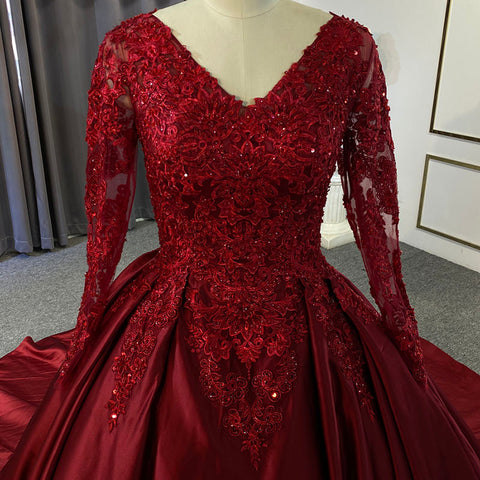 Soft Red Satin V-neck Sequins Appliqued A-line Illusion Bridal Gown