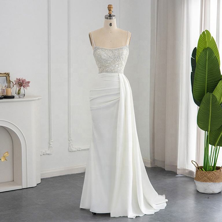 Simple White Asymmetrical Sequins Beading Spaghetti Strap Evening Party Dress