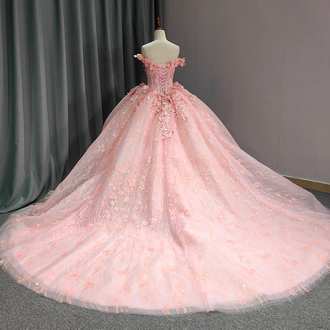 Princess Lace Pink 3D Flowers Bridal Gown