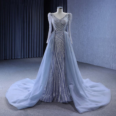 Elegant Luxurious Blue Mermaid V-neck Party Bridal Gown