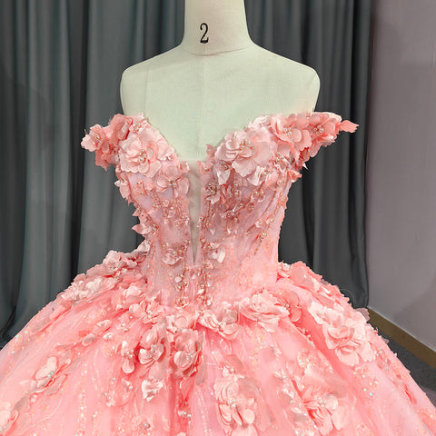 Princess Lace Pink 3D Flowers Bridal Gown